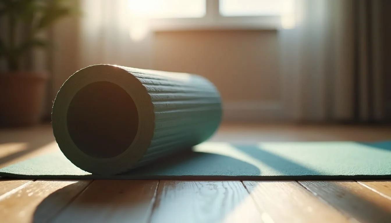 Eye-level view of a foam roller on a wooden floor next to a yoga mat