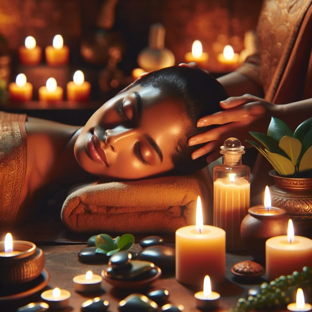 A serene Ayurvedic head massage in a calming spa setting