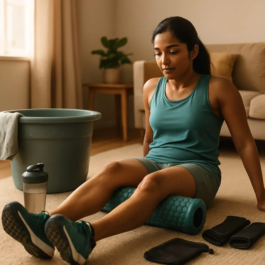 Woman in teal activewear using foam roller on legs in cozy room. Nearby is a water bottle, bucket, and folded towels on beige carpet.
