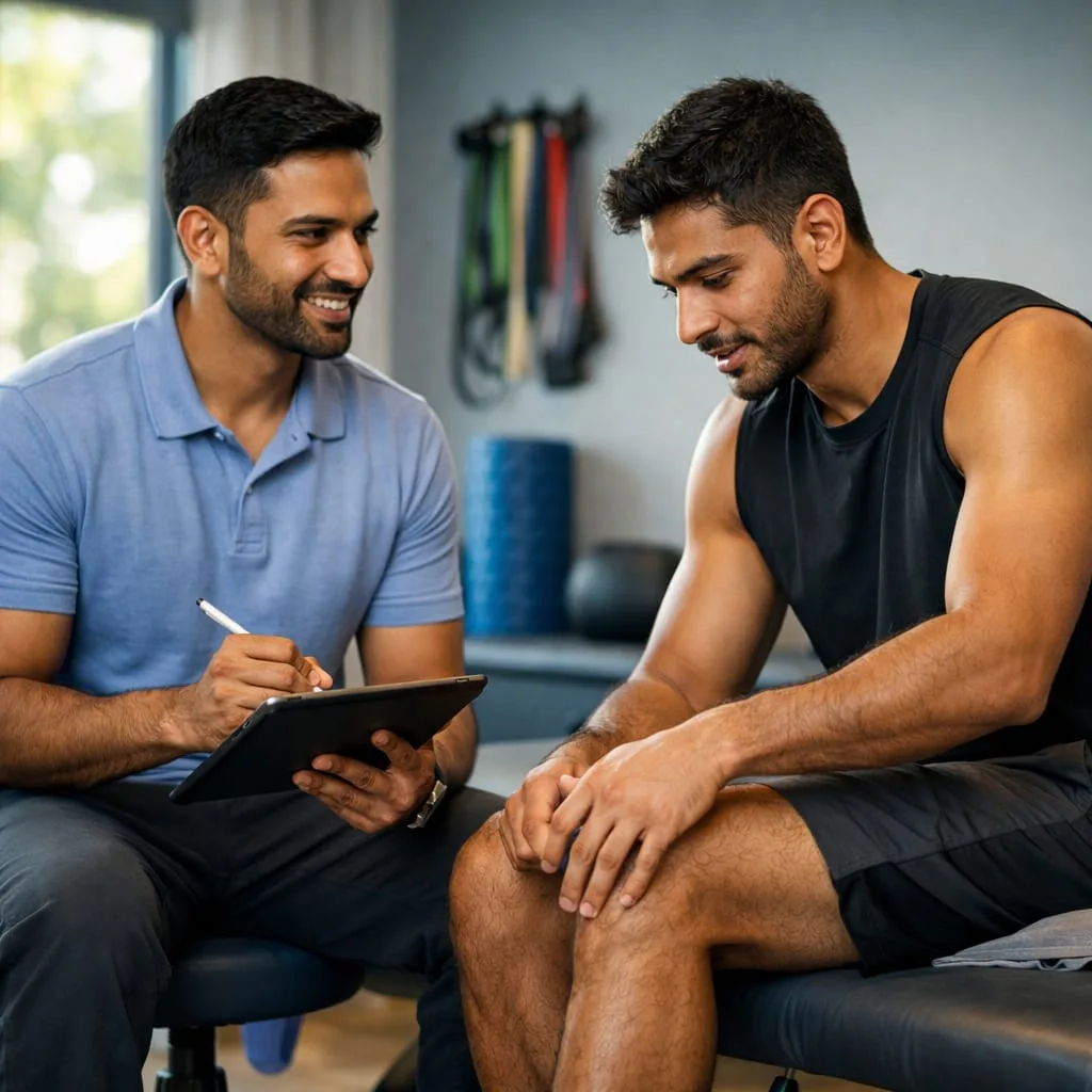 A therapist consulting an athlete on sports massage