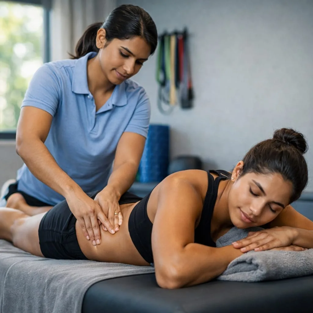 A therapist giving sports massage to a woman.